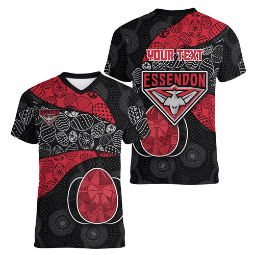 Personalized Essendon Football Women V-Neck T-Shirt Easter Egg Pattern Red Black Tribal Dot Art Style