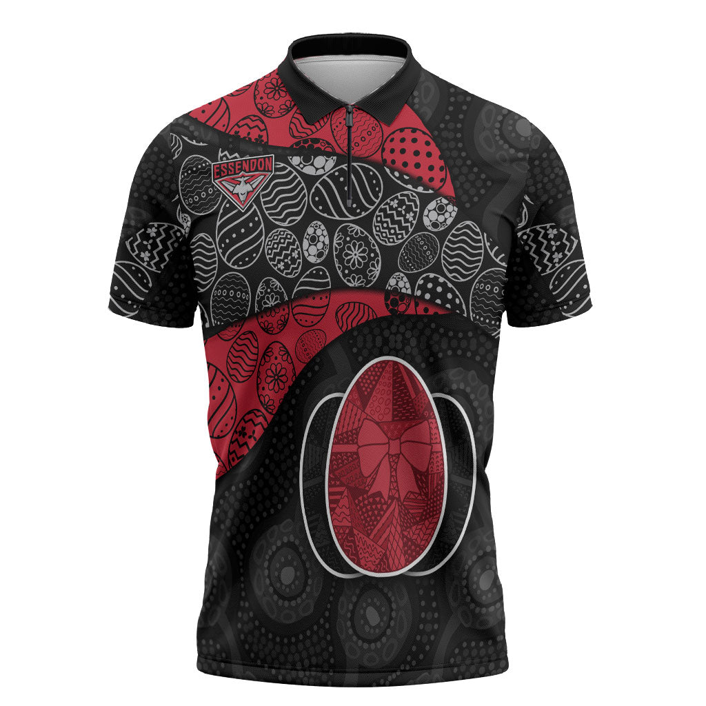 Personalized Essendon Football Zipper Polo Shirt Easter Egg Pattern Red Black Tribal Dot Art Style