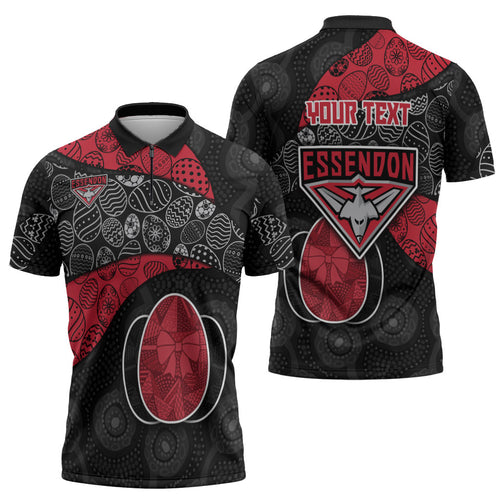 Personalized Essendon Football Zipper Polo Shirt Easter Egg Pattern Red Black Tribal Dot Art Style