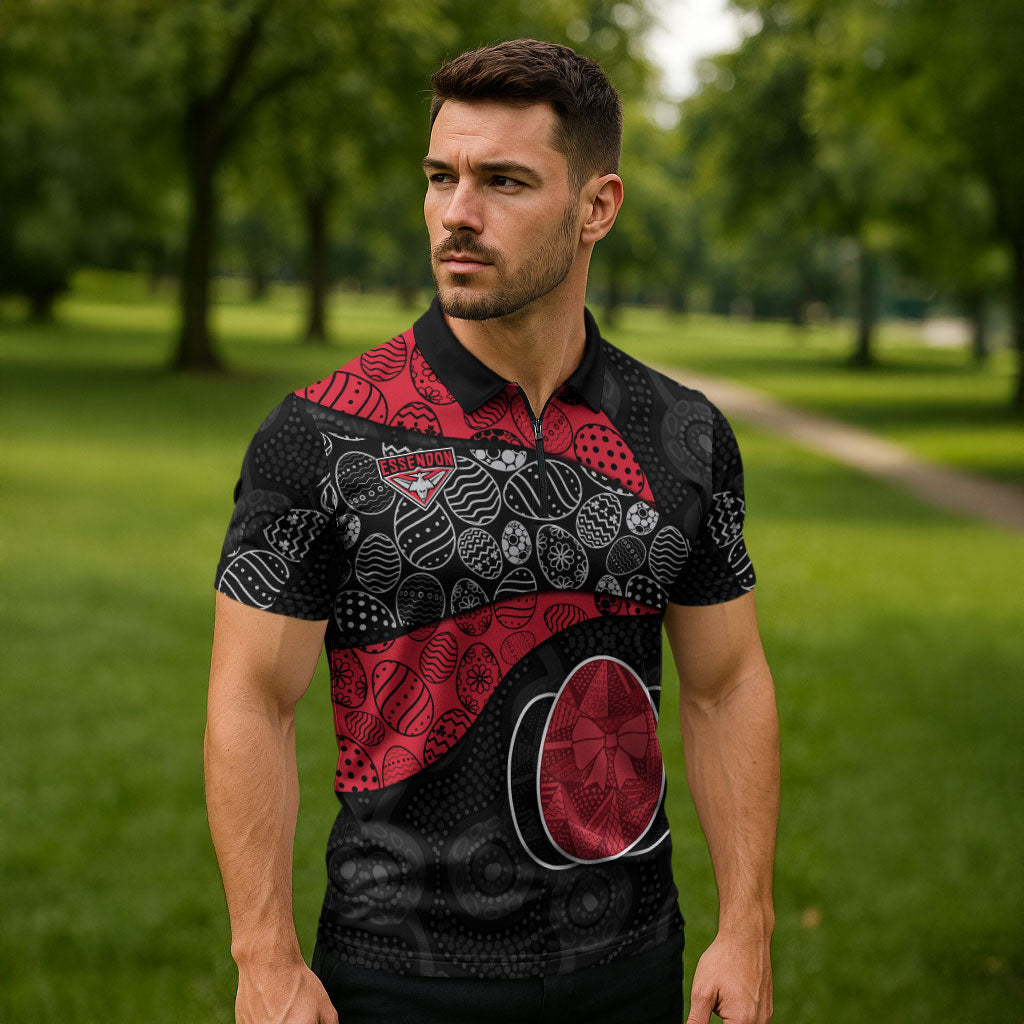 Personalized Essendon Football Zipper Polo Shirt Easter Egg Pattern Red Black Tribal Dot Art Style
