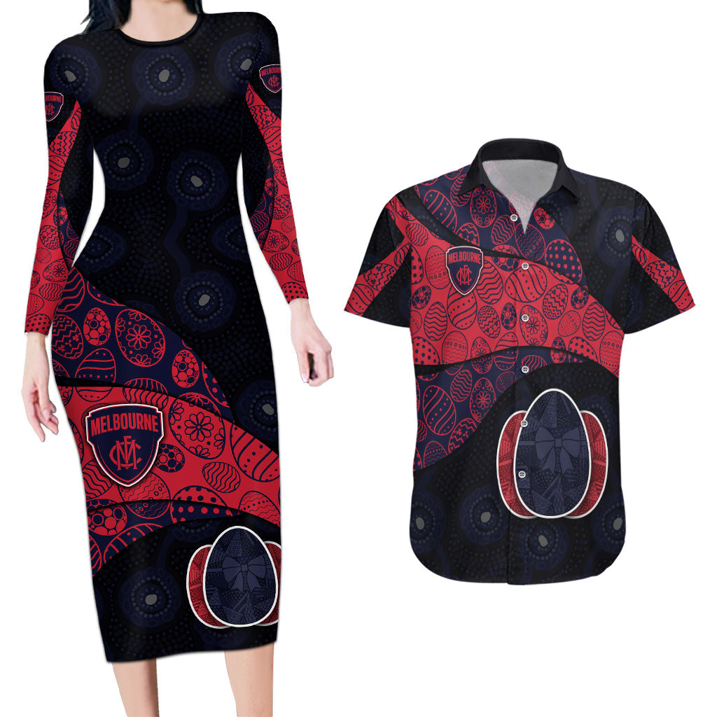 Personalized Melbourne Football Couples Matching Long Sleeve Bodycon Dress and Hawaiian Shirt Easter Egg Pattern Red Navy Tribal Dot Art Style