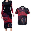 Personalized Melbourne Football Couples Matching Long Sleeve Bodycon Dress and Hawaiian Shirt Easter Egg Pattern Red Navy Tribal Dot Art Style