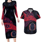Personalized Melbourne Football Couples Matching Long Sleeve Bodycon Dress and Hawaiian Shirt Easter Egg Pattern Red Navy Tribal Dot Art Style