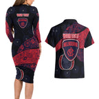 Personalized Melbourne Football Couples Matching Long Sleeve Bodycon Dress and Hawaiian Shirt Easter Egg Pattern Red Navy Tribal Dot Art Style
