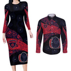 Personalized Melbourne Football Couples Matching Long Sleeve Bodycon Dress and Long Sleeve Button Shirt Easter Egg Pattern Red Navy Tribal Dot Art Style