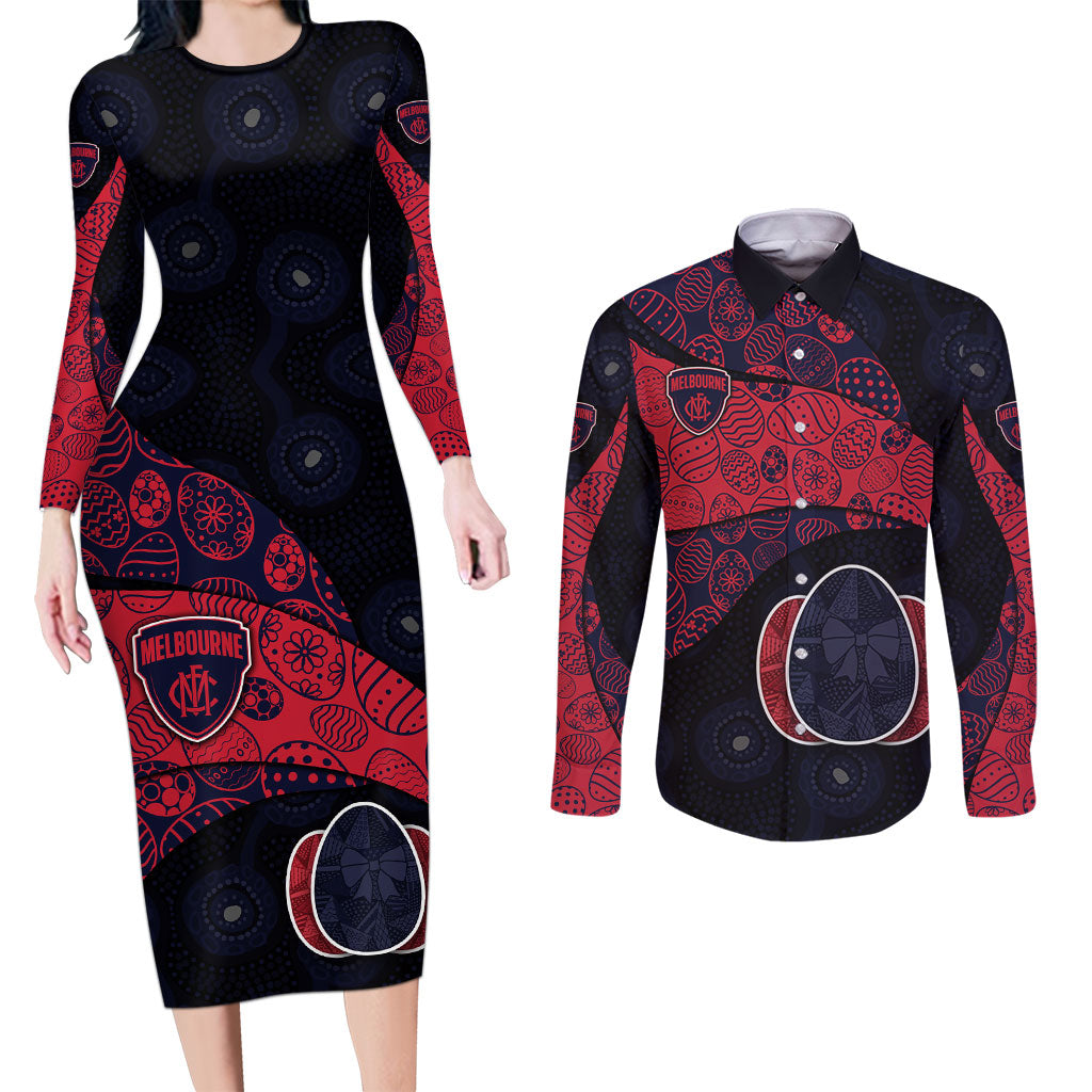Personalized Melbourne Football Couples Matching Long Sleeve Bodycon Dress and Long Sleeve Button Shirt Easter Egg Pattern Red Navy Tribal Dot Art Style