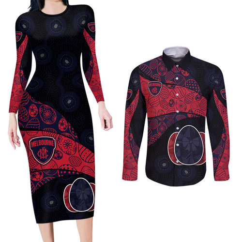 Personalized Melbourne Football Couples Matching Long Sleeve Bodycon Dress and Long Sleeve Button Shirt Easter Egg Pattern Red Navy Tribal Dot Art Style