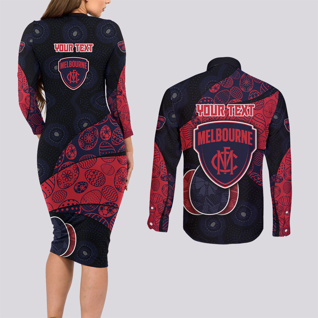 Personalized Melbourne Football Couples Matching Long Sleeve Bodycon Dress and Long Sleeve Button Shirt Easter Egg Pattern Red Navy Tribal Dot Art Style