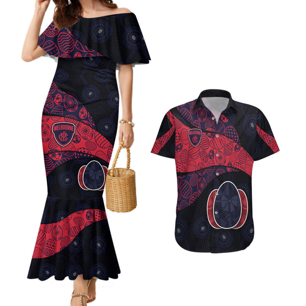 Personalized Melbourne Football Couples Matching Mermaid Dress and Hawaiian Shirt Easter Egg Pattern Red Navy Tribal Dot Art Style