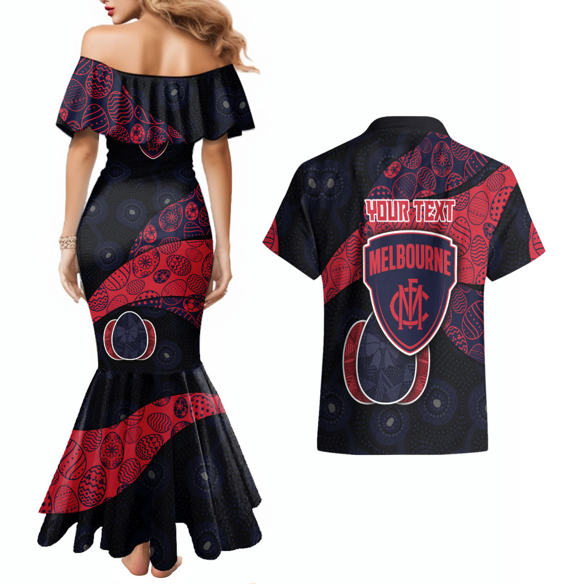 Personalized Melbourne Football Couples Matching Mermaid Dress and Hawaiian Shirt Easter Egg Pattern Red Navy Tribal Dot Art Style