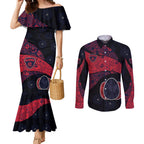 Personalized Melbourne Football Couples Matching Mermaid Dress and Long Sleeve Button Shirt Easter Egg Pattern Red Navy Tribal Dot Art Style