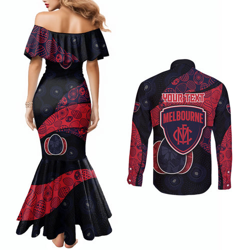 Personalized Melbourne Football Couples Matching Mermaid Dress and Long Sleeve Button Shirt Easter Egg Pattern Red Navy Tribal Dot Art Style