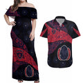 Personalized Melbourne Football Couples Matching Off Shoulder Maxi Dress and Hawaiian Shirt Easter Egg Pattern Red Navy Tribal Dot Art Style