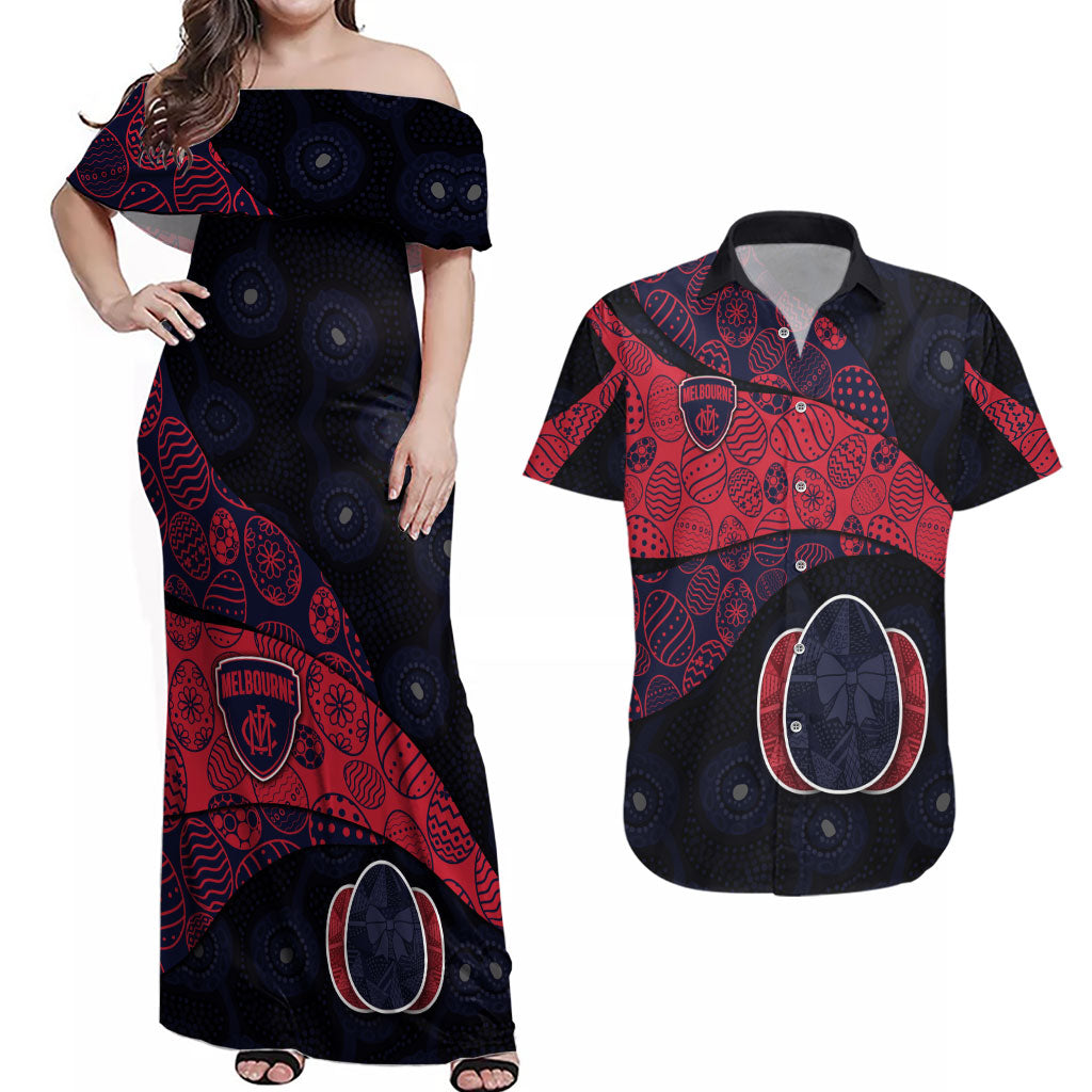 Personalized Melbourne Football Couples Matching Off Shoulder Maxi Dress and Hawaiian Shirt Easter Egg Pattern Red Navy Tribal Dot Art Style