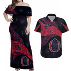 Personalized Melbourne Football Couples Matching Off Shoulder Maxi Dress and Hawaiian Shirt Easter Egg Pattern Red Navy Tribal Dot Art Style