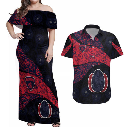 Personalized Melbourne Football Couples Matching Off Shoulder Maxi Dress and Hawaiian Shirt Easter Egg Pattern Red Navy Tribal Dot Art Style