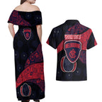 Personalized Melbourne Football Couples Matching Off Shoulder Maxi Dress and Hawaiian Shirt Easter Egg Pattern Red Navy Tribal Dot Art Style