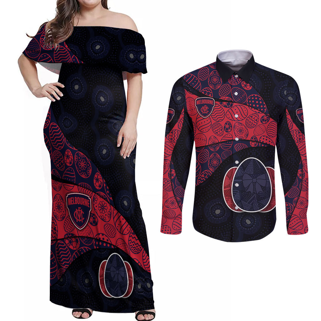 Personalized Melbourne Football Couples Matching Off Shoulder Maxi Dress and Long Sleeve Button Shirt Easter Egg Pattern Red Navy Tribal Dot Art Style