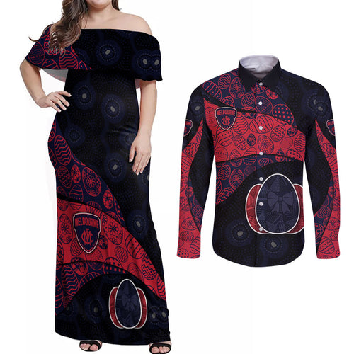 Personalized Melbourne Football Couples Matching Off Shoulder Maxi Dress and Long Sleeve Button Shirt Easter Egg Pattern Red Navy Tribal Dot Art Style