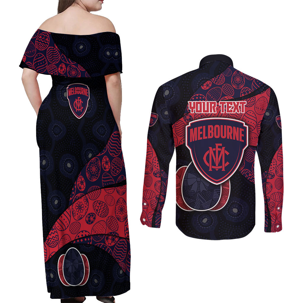 Personalized Melbourne Football Couples Matching Off Shoulder Maxi Dress and Long Sleeve Button Shirt Easter Egg Pattern Red Navy Tribal Dot Art Style