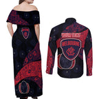 Personalized Melbourne Football Couples Matching Off Shoulder Maxi Dress and Long Sleeve Button Shirt Easter Egg Pattern Red Navy Tribal Dot Art Style