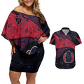 Personalized Melbourne Football Couples Matching Off Shoulder Short Dress and Hawaiian Shirt Easter Egg Pattern Red Navy Tribal Dot Art Style