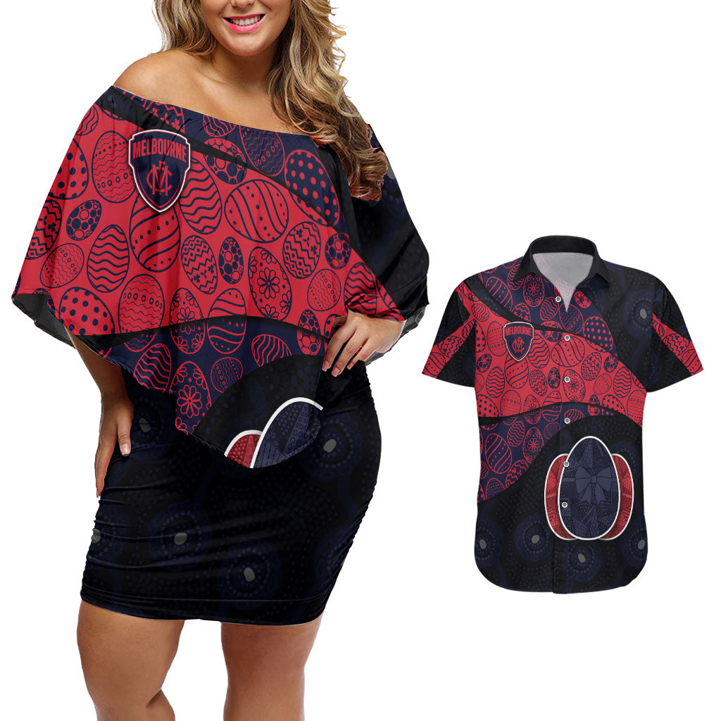 Personalized Melbourne Football Couples Matching Off Shoulder Short Dress and Hawaiian Shirt Easter Egg Pattern Red Navy Tribal Dot Art Style