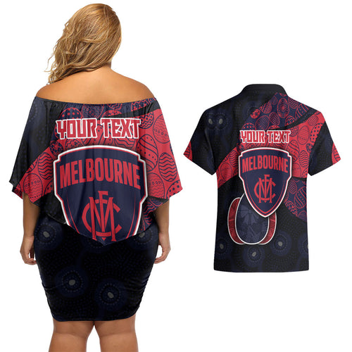 Personalized Melbourne Football Couples Matching Off Shoulder Short Dress and Hawaiian Shirt Easter Egg Pattern Red Navy Tribal Dot Art Style
