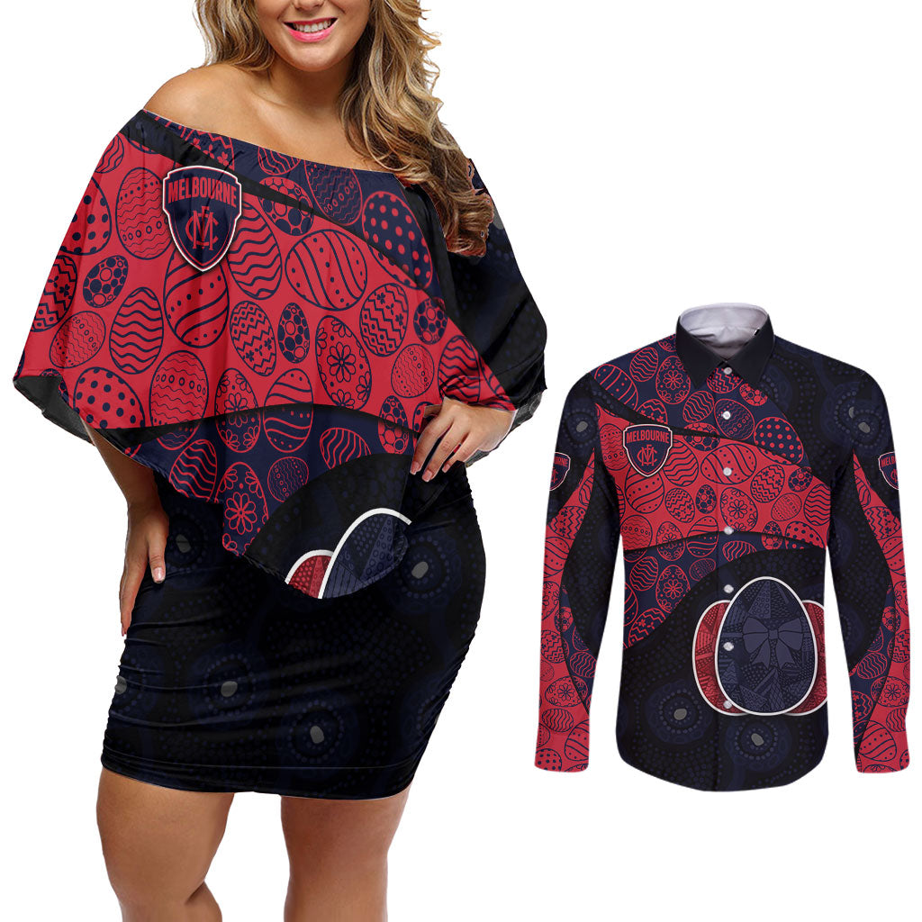 Personalized Melbourne Football Couples Matching Off Shoulder Short Dress and Long Sleeve Button Shirt Easter Egg Pattern Red Navy Tribal Dot Art Style