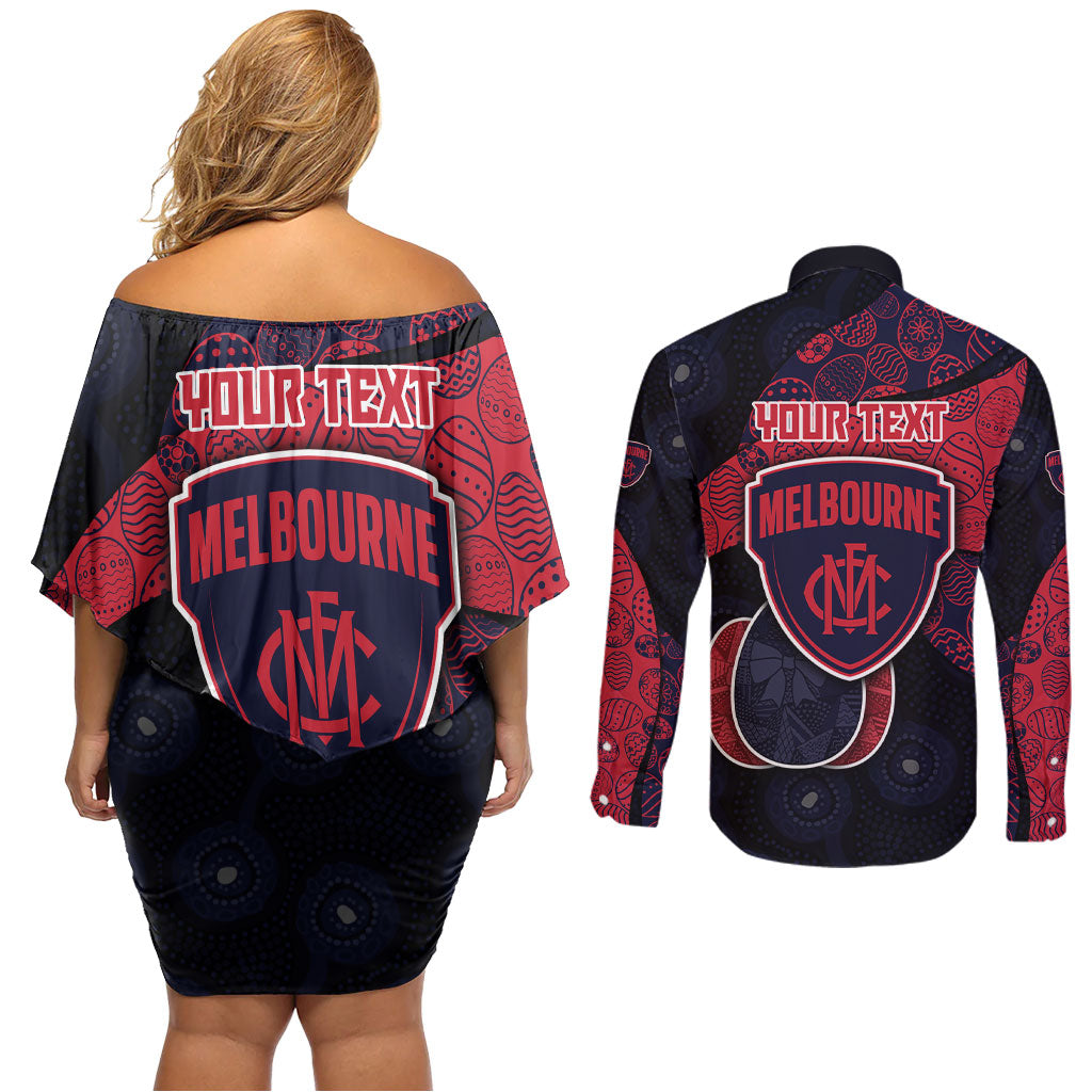 Personalized Melbourne Football Couples Matching Off Shoulder Short Dress and Long Sleeve Button Shirt Easter Egg Pattern Red Navy Tribal Dot Art Style
