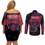 Personalized Melbourne Football Couples Matching Off Shoulder Short Dress and Long Sleeve Button Shirt Easter Egg Pattern Red Navy Tribal Dot Art Style