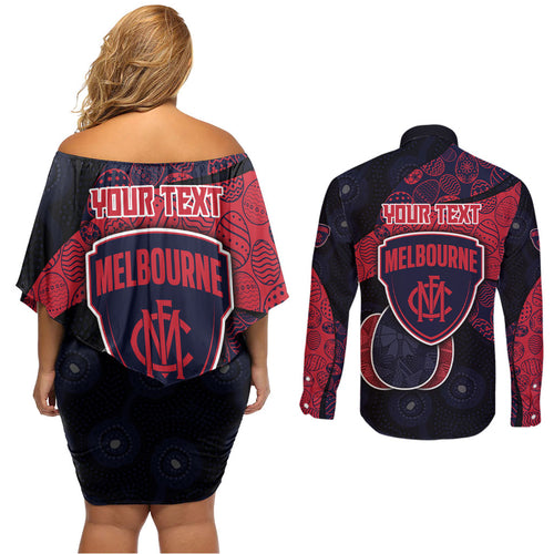 Personalized Melbourne Football Couples Matching Off Shoulder Short Dress and Long Sleeve Button Shirt Easter Egg Pattern Red Navy Tribal Dot Art Style