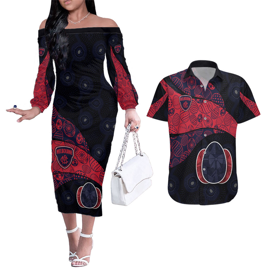 Personalized Melbourne Football Couples Matching Off The Shoulder Long Sleeve Dress and Hawaiian Shirt Easter Egg Pattern Red Navy Tribal Dot Art Style