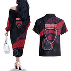 Personalized Melbourne Football Couples Matching Off The Shoulder Long Sleeve Dress and Hawaiian Shirt Easter Egg Pattern Red Navy Tribal Dot Art Style