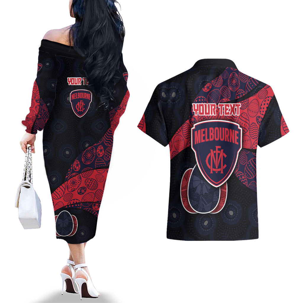 Personalized Melbourne Football Couples Matching Off The Shoulder Long Sleeve Dress and Hawaiian Shirt Easter Egg Pattern Red Navy Tribal Dot Art Style