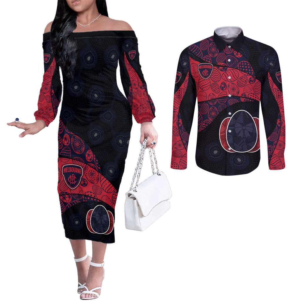 Personalized Melbourne Football Couples Matching Off The Shoulder Long Sleeve Dress and Long Sleeve Button Shirt Easter Egg Pattern Red Navy Tribal Dot Art Style