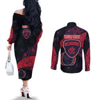 Personalized Melbourne Football Couples Matching Off The Shoulder Long Sleeve Dress and Long Sleeve Button Shirt Easter Egg Pattern Red Navy Tribal Dot Art Style