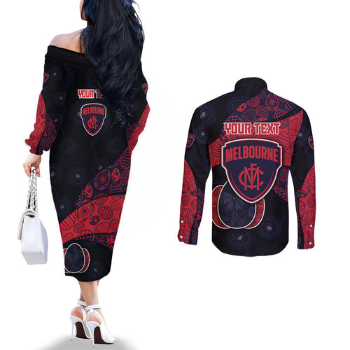 Personalized Melbourne Football Couples Matching Off The Shoulder Long Sleeve Dress and Long Sleeve Button Shirt Easter Egg Pattern Red Navy Tribal Dot Art Style