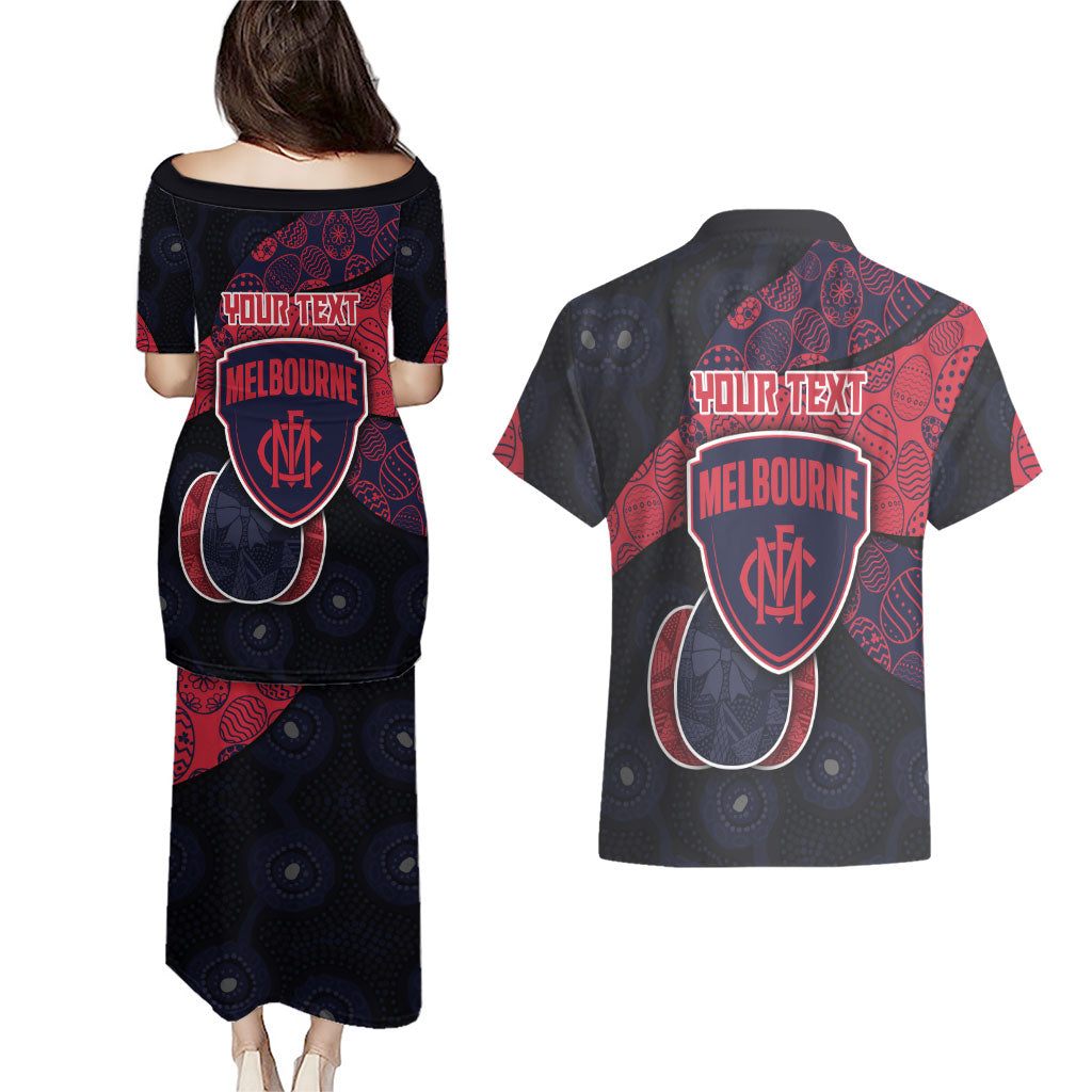 Personalized Melbourne Football Couples Matching Puletasi and Hawaiian Shirt Easter Egg Pattern Red Navy Tribal Dot Art Style
