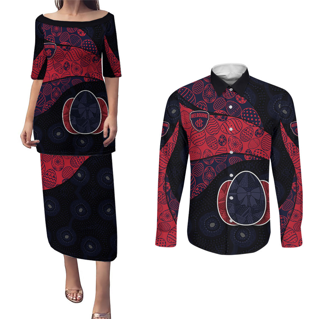 Personalized Melbourne Football Couples Matching Puletasi and Long Sleeve Button Shirt Easter Egg Pattern Red Navy Tribal Dot Art Style