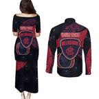 Personalized Melbourne Football Couples Matching Puletasi and Long Sleeve Button Shirt Easter Egg Pattern Red Navy Tribal Dot Art Style