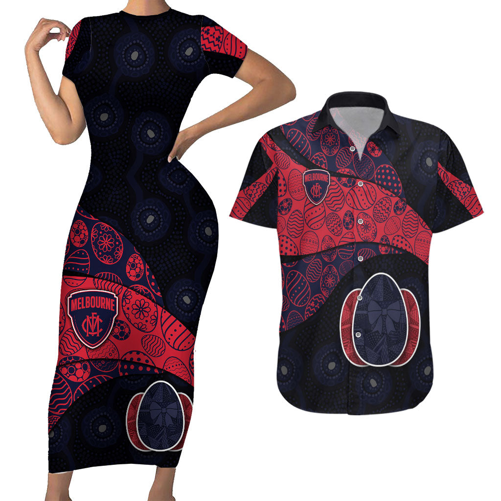 Personalized Melbourne Football Couples Matching Short Sleeve Bodycon Dress and Hawaiian Shirt Easter Egg Pattern Red Navy Tribal Dot Art Style