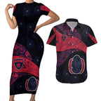 Personalized Melbourne Football Couples Matching Short Sleeve Bodycon Dress and Hawaiian Shirt Easter Egg Pattern Red Navy Tribal Dot Art Style