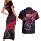 Personalized Melbourne Football Couples Matching Short Sleeve Bodycon Dress and Hawaiian Shirt Easter Egg Pattern Red Navy Tribal Dot Art Style