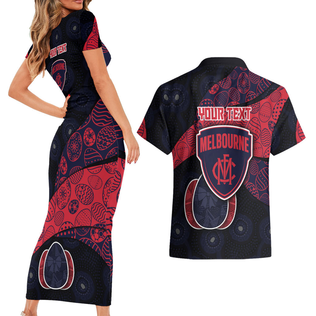 Personalized Melbourne Football Couples Matching Short Sleeve Bodycon Dress and Hawaiian Shirt Easter Egg Pattern Red Navy Tribal Dot Art Style