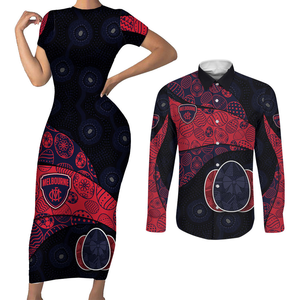 Personalized Melbourne Football Couples Matching Short Sleeve Bodycon Dress and Long Sleeve Button Shirt Easter Egg Pattern Red Navy Tribal Dot Art Style