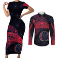 Personalized Melbourne Football Couples Matching Short Sleeve Bodycon Dress and Long Sleeve Button Shirt Easter Egg Pattern Red Navy Tribal Dot Art Style