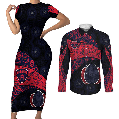 Personalized Melbourne Football Couples Matching Short Sleeve Bodycon Dress and Long Sleeve Button Shirt Easter Egg Pattern Red Navy Tribal Dot Art Style