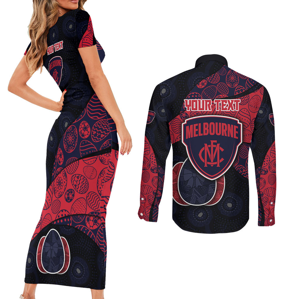 Personalized Melbourne Football Couples Matching Short Sleeve Bodycon Dress and Long Sleeve Button Shirt Easter Egg Pattern Red Navy Tribal Dot Art Style