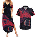Personalized Melbourne Football Couples Matching Summer Maxi Dress and Hawaiian Shirt Easter Egg Pattern Red Navy Tribal Dot Art Style